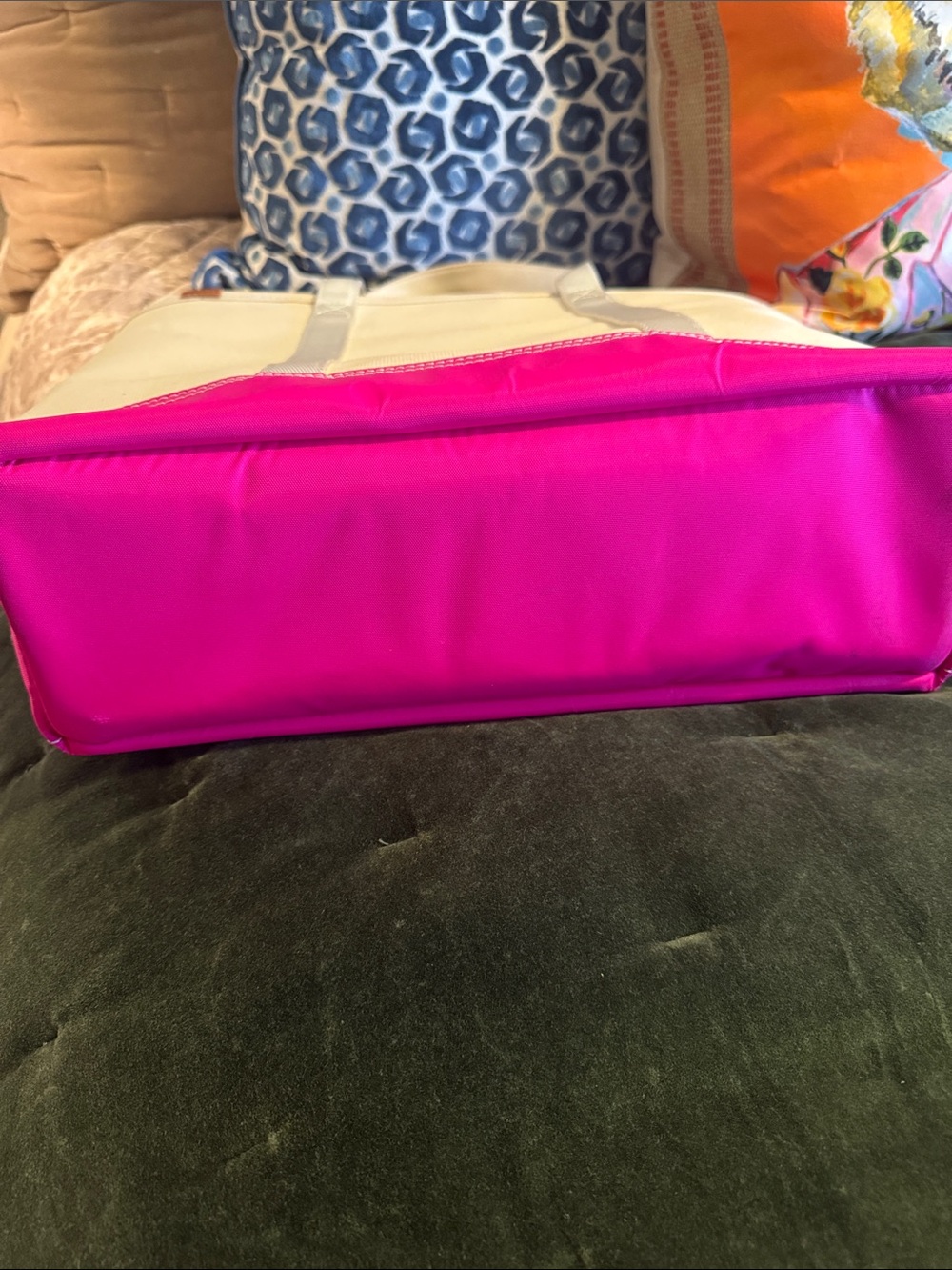 Cream Canvas Tote with Hot Pink Base and Leather Patch - Picture 5 of 5